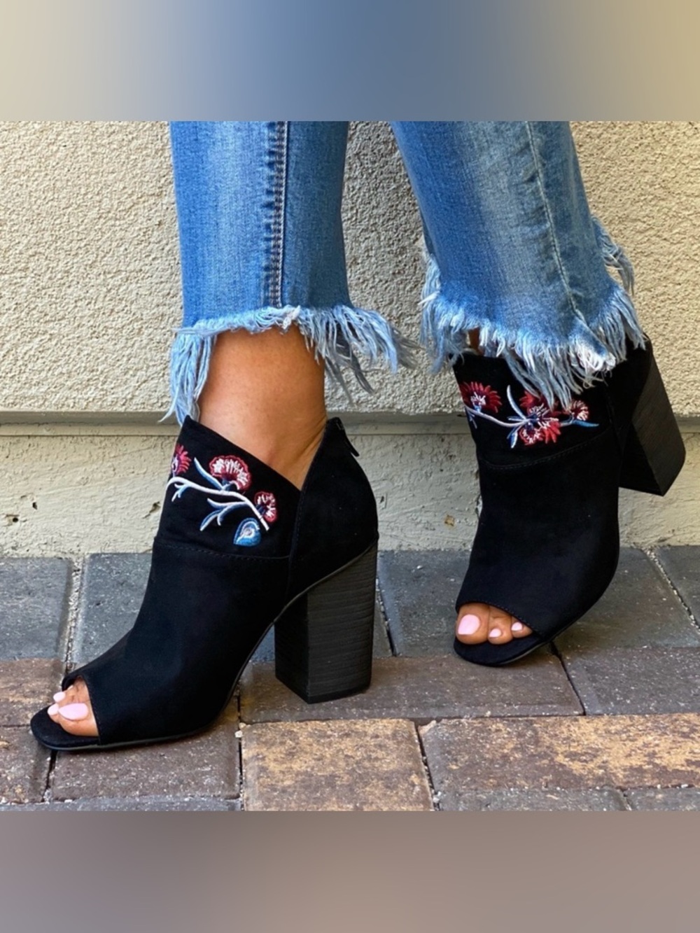 Carlos by Carlos Santana Black Faux Suede Floral Embroidered Peep-Toe Booties - Picture 5 of 16